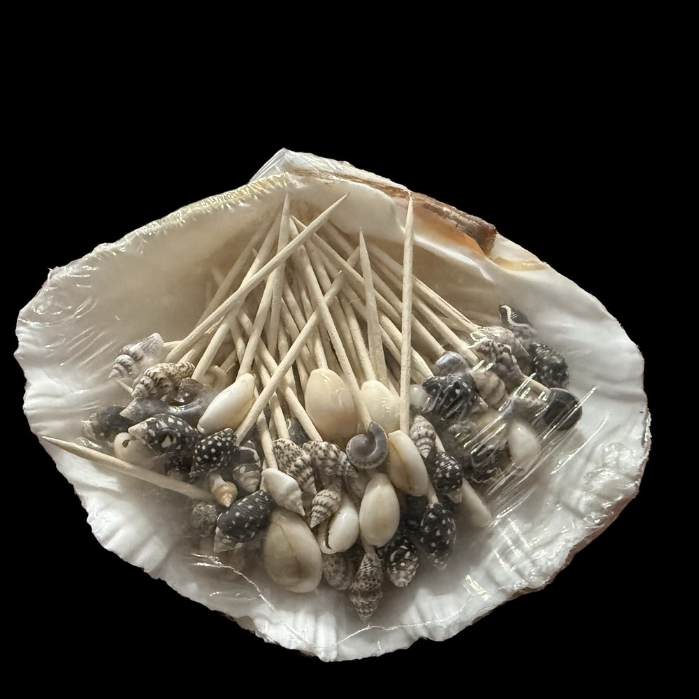 Vintage Sea Shell Hors D'Oeuvres Picks In Clam Shell Dish NIP